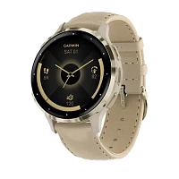 Garmin Venu 3S Soft gold stainless steel bezel with French grey case and leather band
